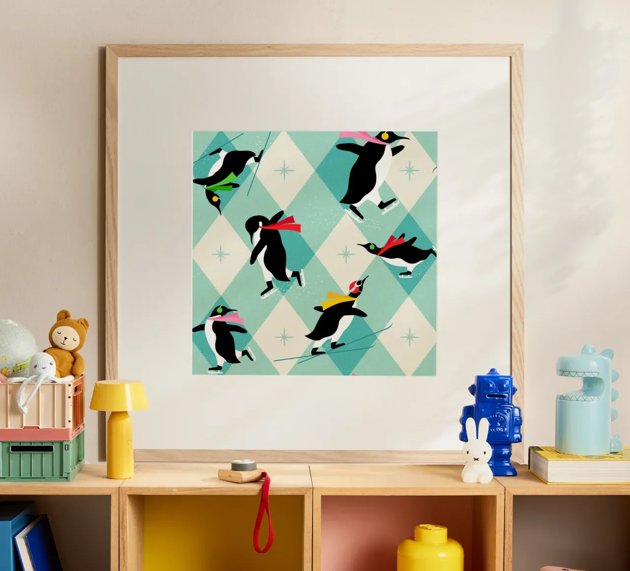 Festive Penguins ice-skating • Retro aqua argyle Pattern hahnemühle by Dominique Vari