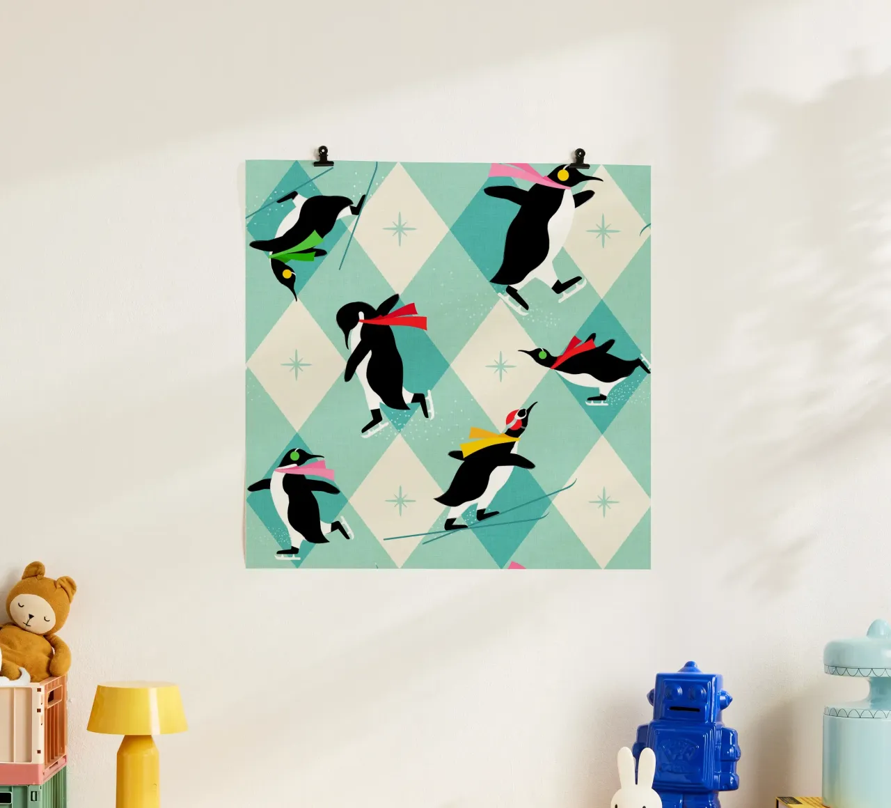 Festive Penguins ice-skating • Retro aqua argyle Pattern hahnemühle by Dominique Vari