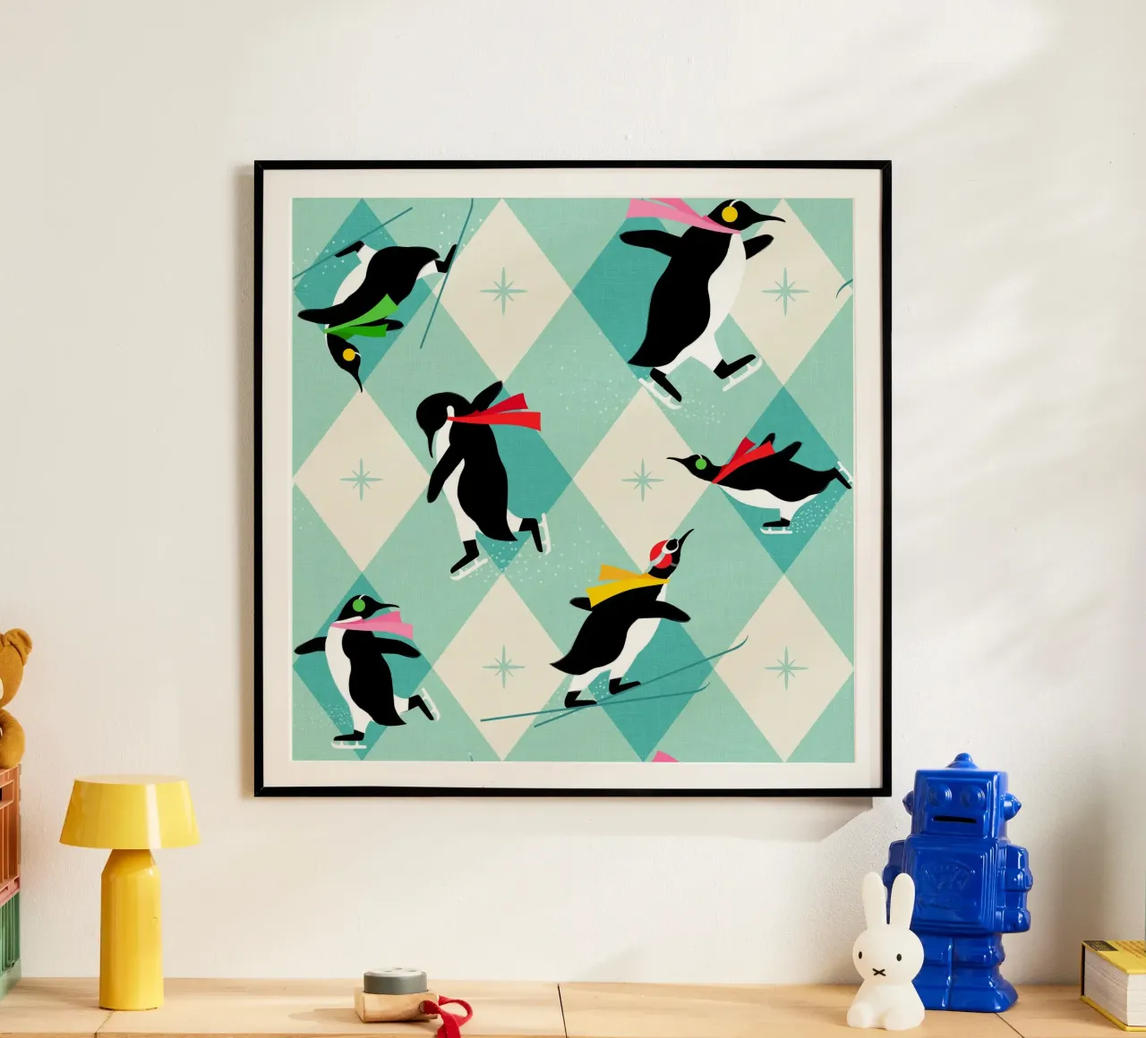 Festive Penguins ice-skating • Retro aqua argyle Pattern hahnemühle by Dominique Vari
