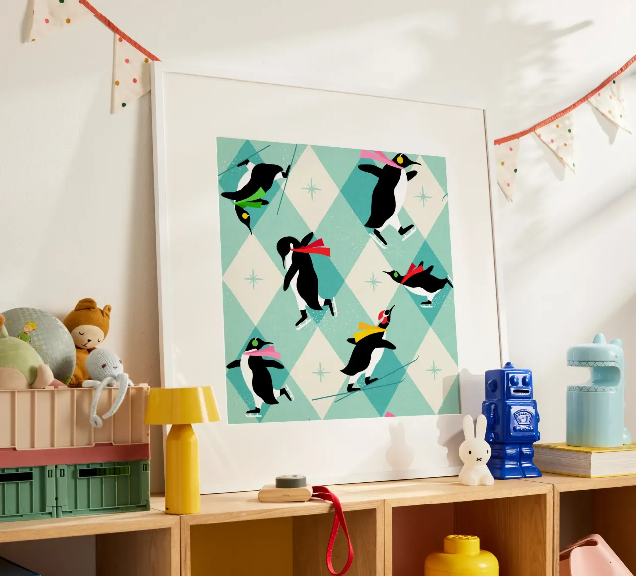 Festive Penguins ice-skating • Retro aqua argyle Pattern hahnemühle by Dominique Vari