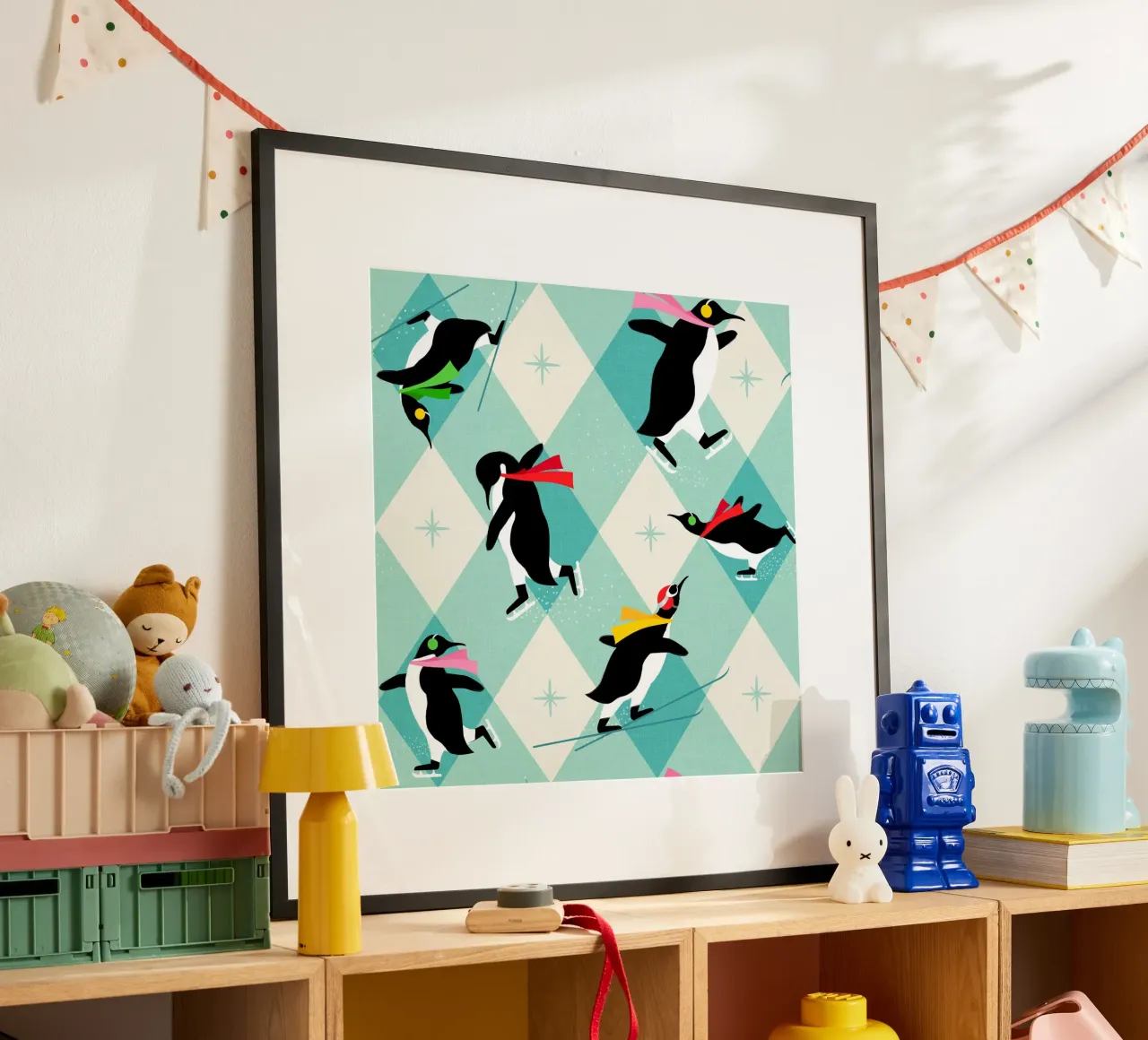Festive Penguins ice-skating • Retro aqua argyle Pattern hahnemühle by Dominique Vari