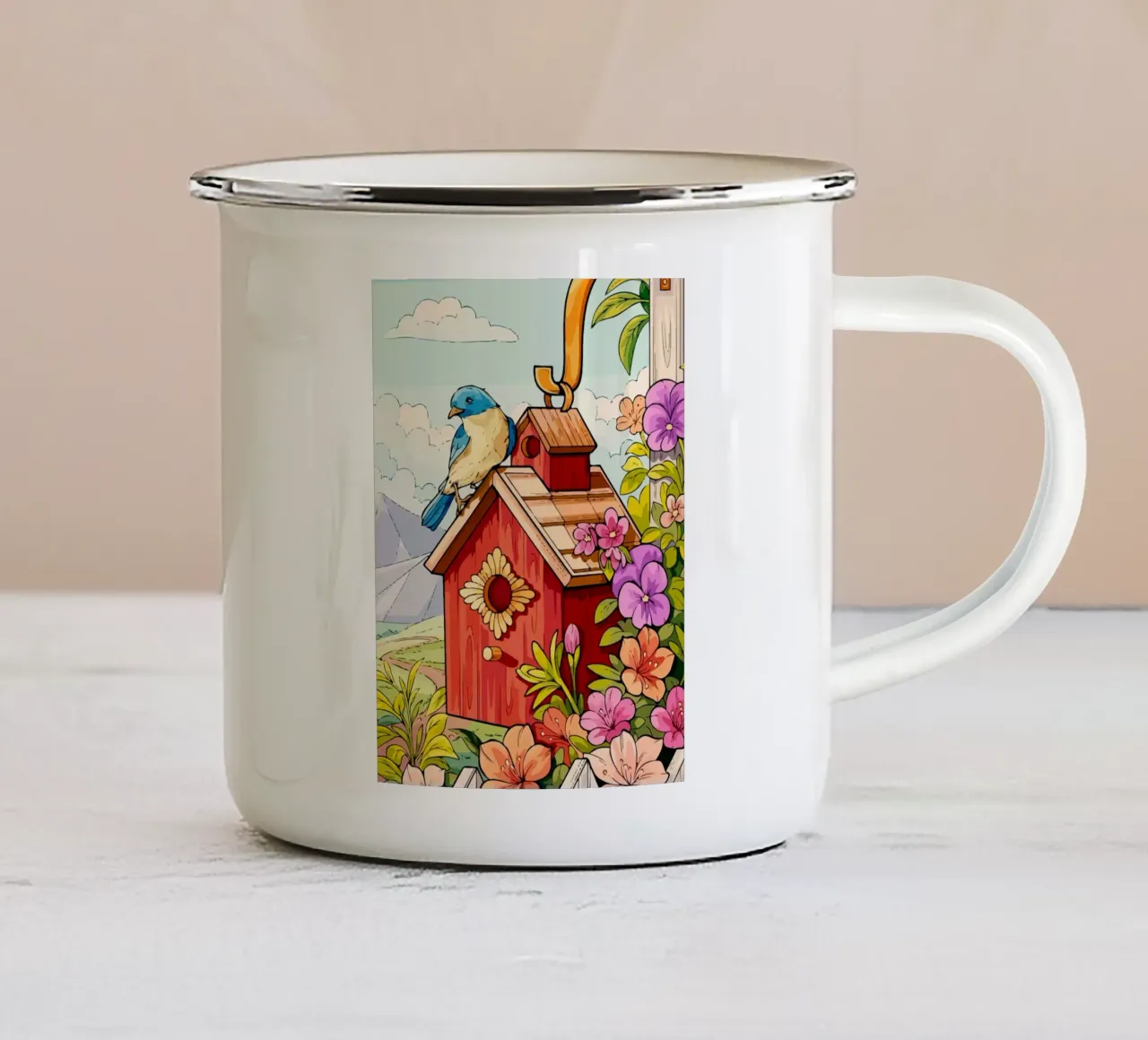 bird in the cage tazza in smalto da Dumery Art