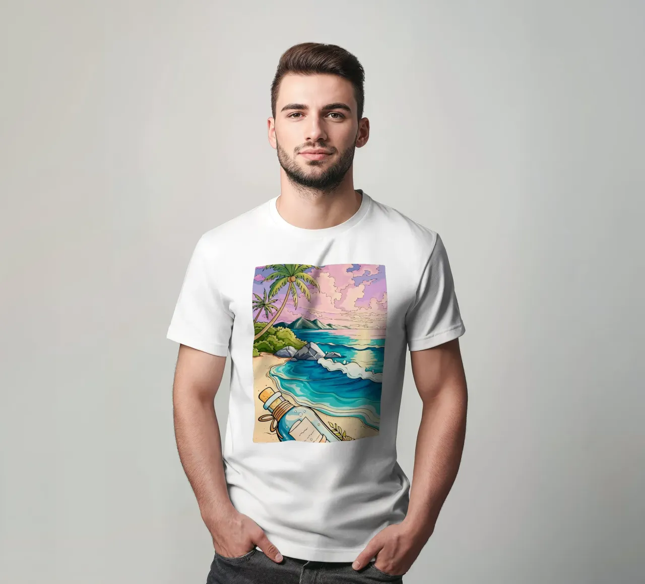 message in a bottle on the beach t-shirt da Dumery Art