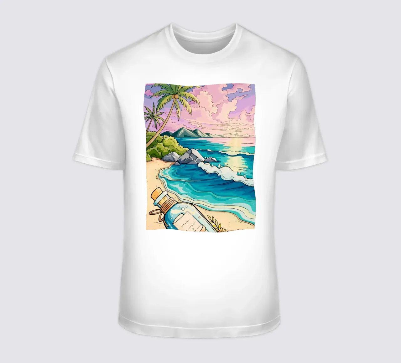 message in a bottle on the beach t-shirt da Dumery Art