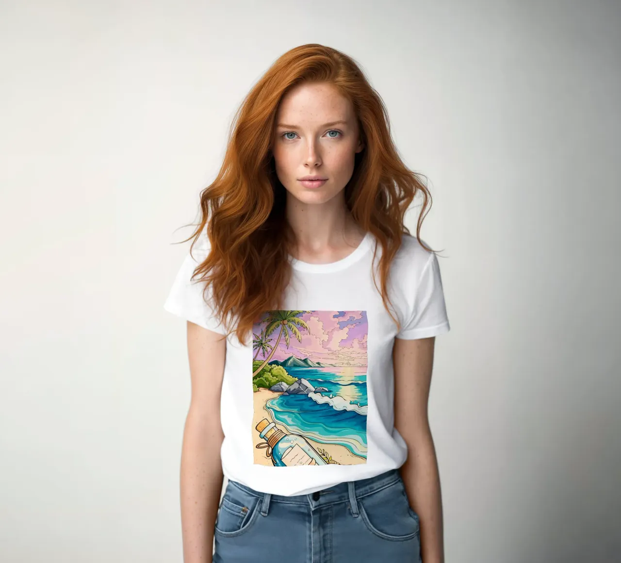 message in a bottle on the beach t-shirt da donna da Dumery Art
