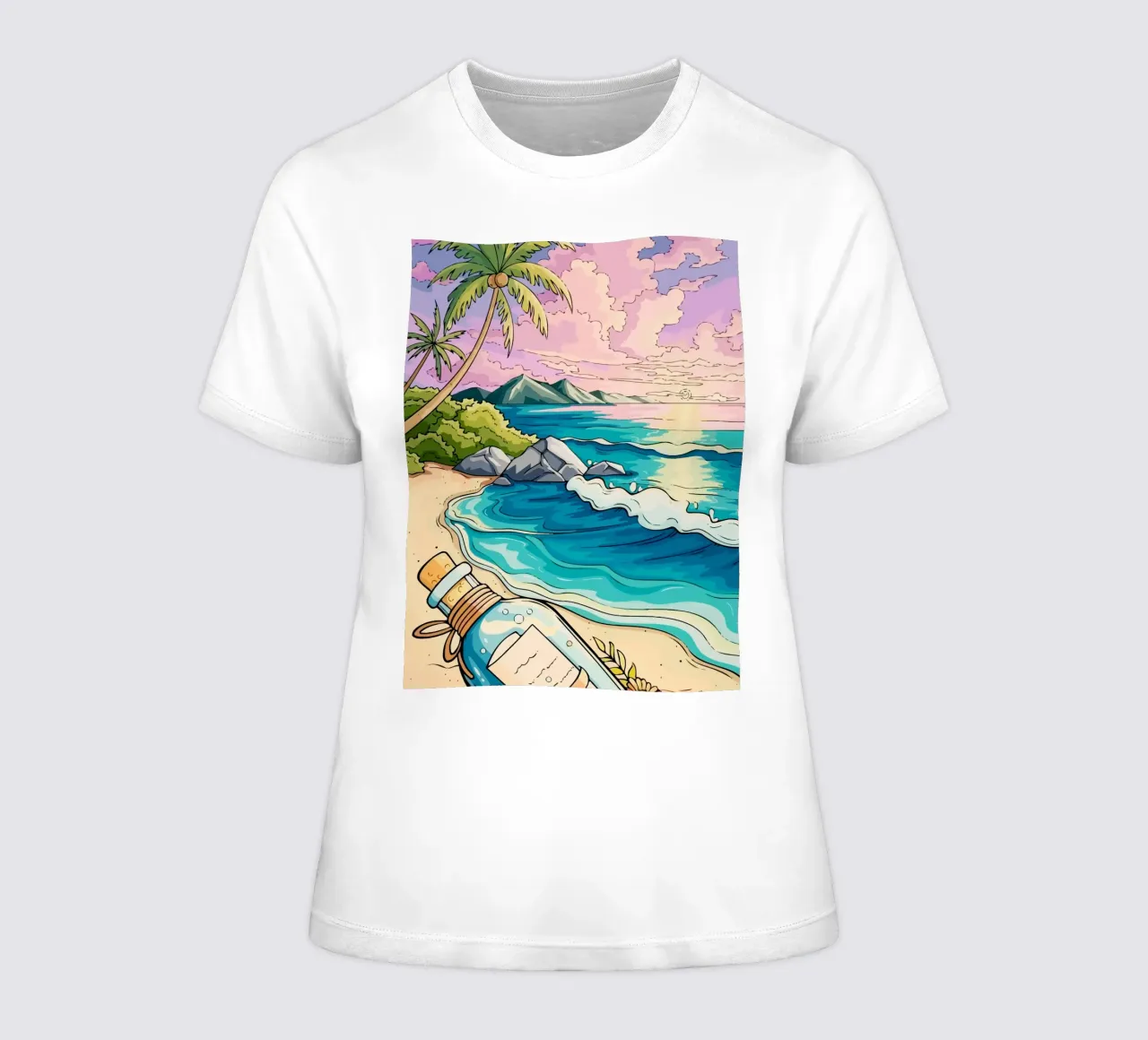 message in a bottle on the beach t-shirt da donna da Dumery Art