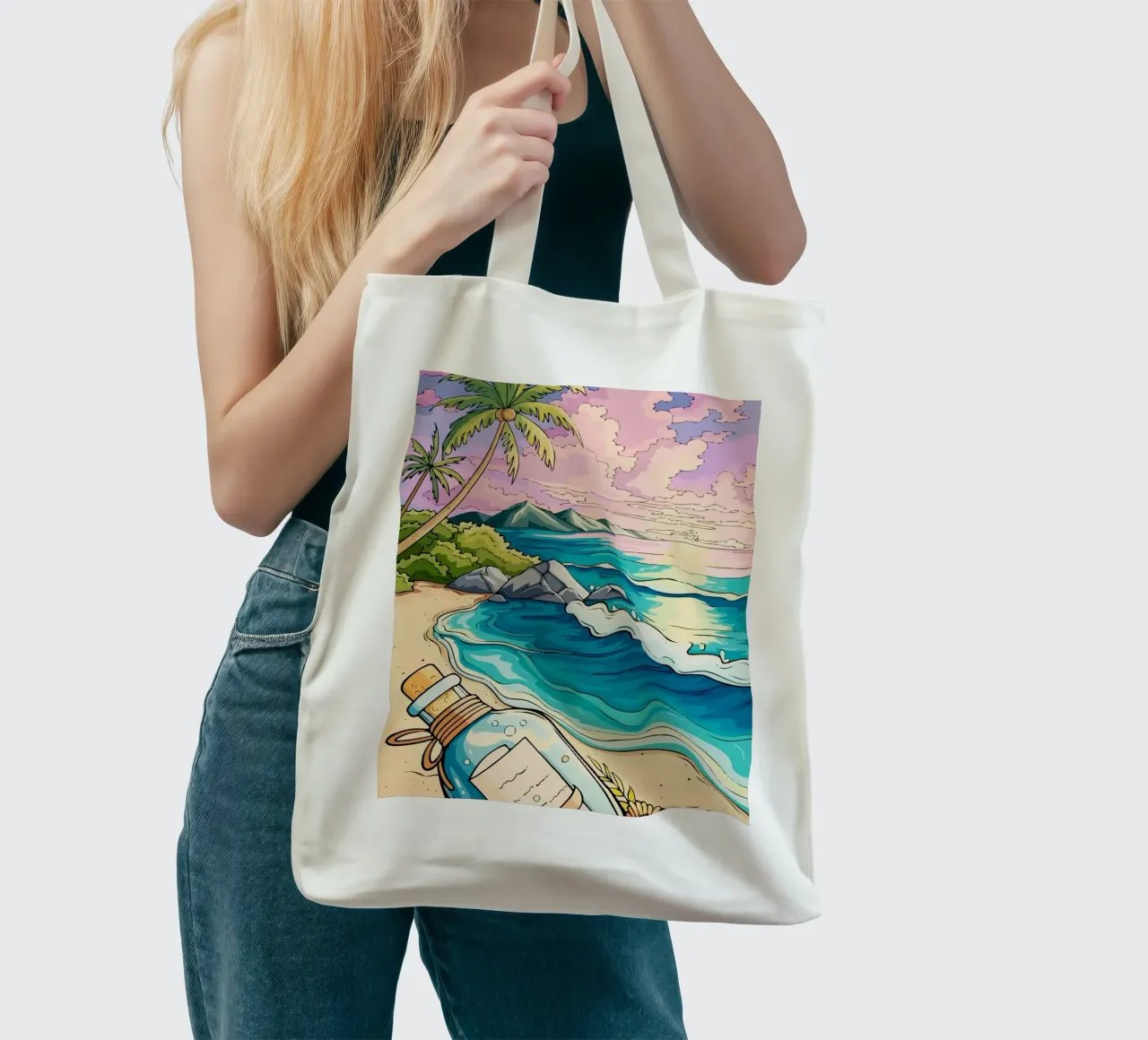 message in a bottle on the beach borsa in juta da Dumery Art