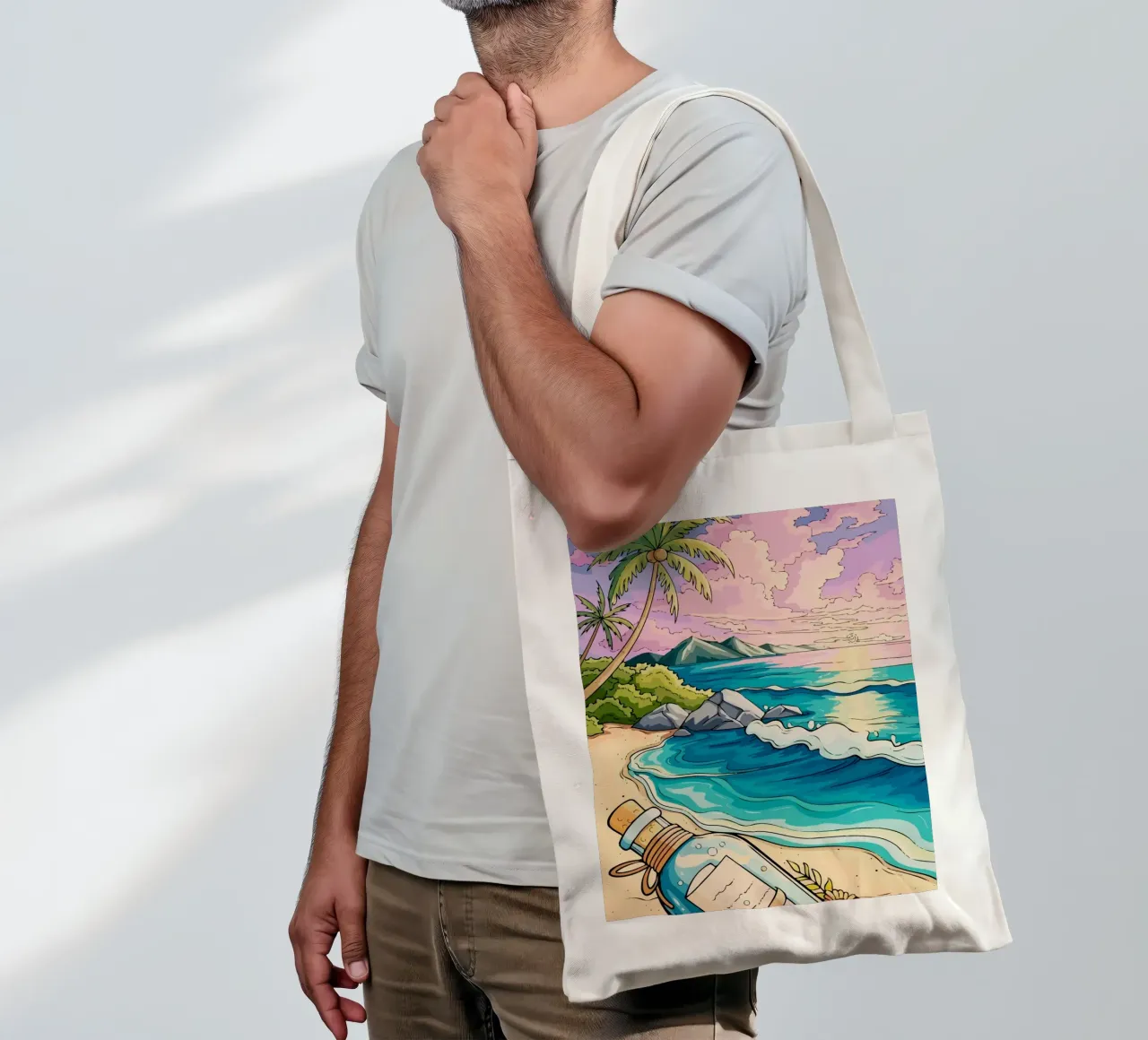 message in a bottle on the beach borsa in juta da Dumery Art