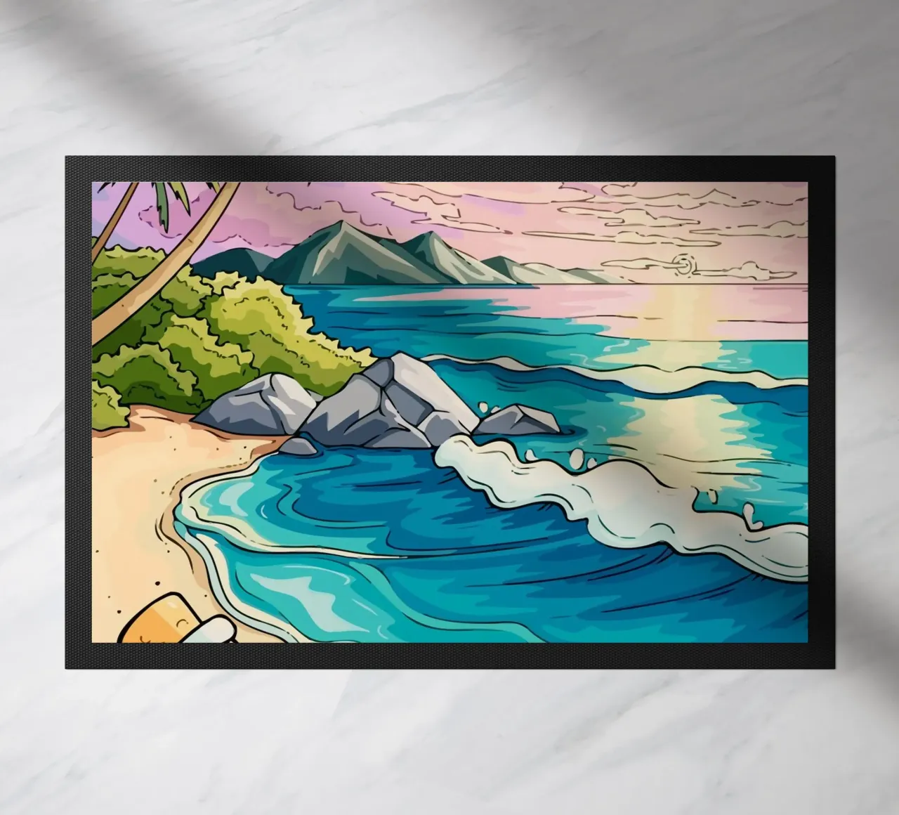 message in a bottle on the beach paillasson de Dumery Art