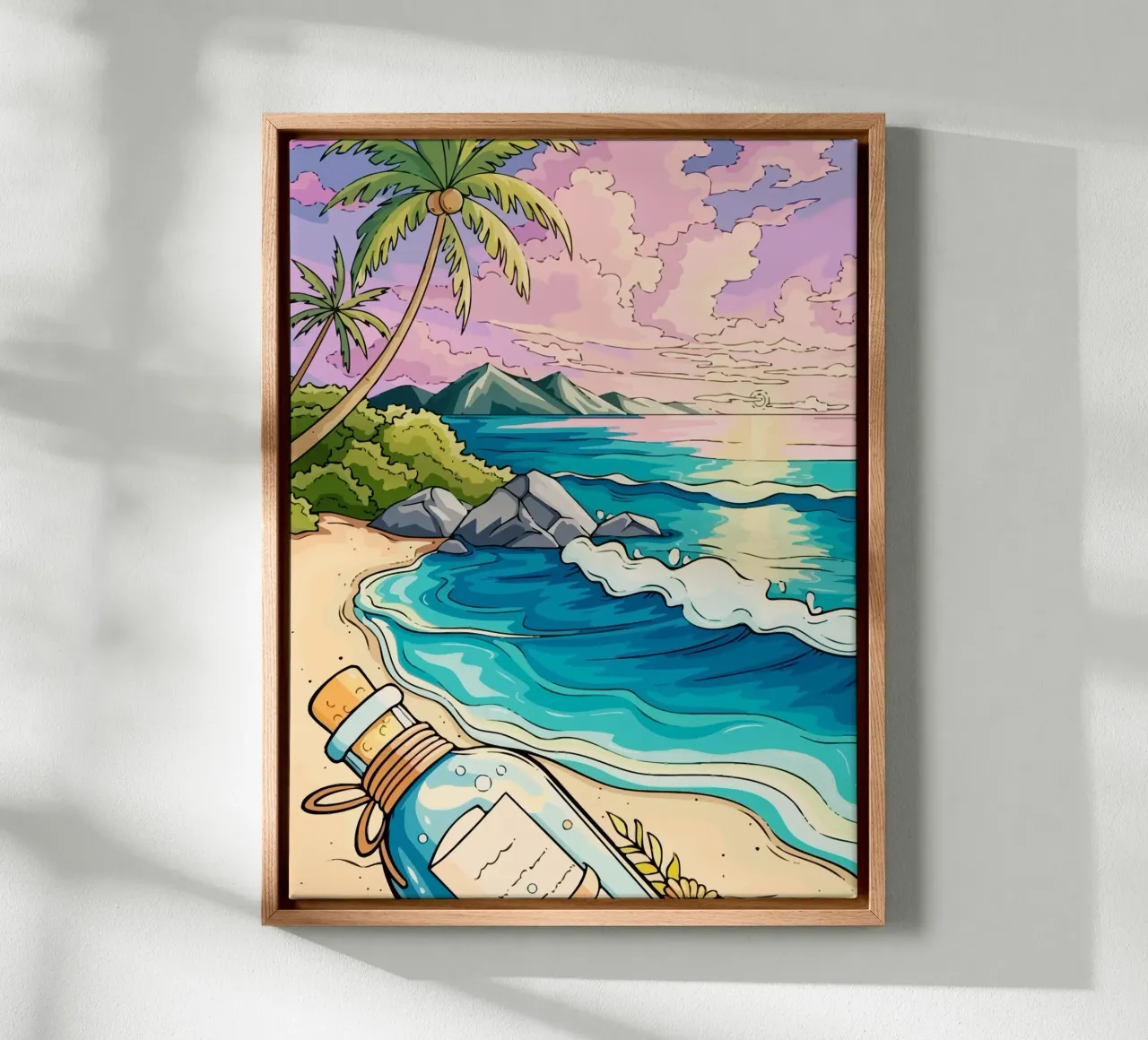 message in a bottle on the beach canvas with Floater frame by Dumery Art