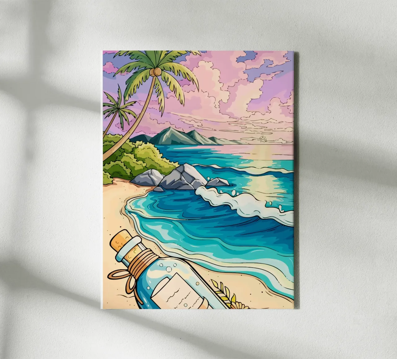 message in a bottle on the beach canvas with Floater frame by Dumery Art