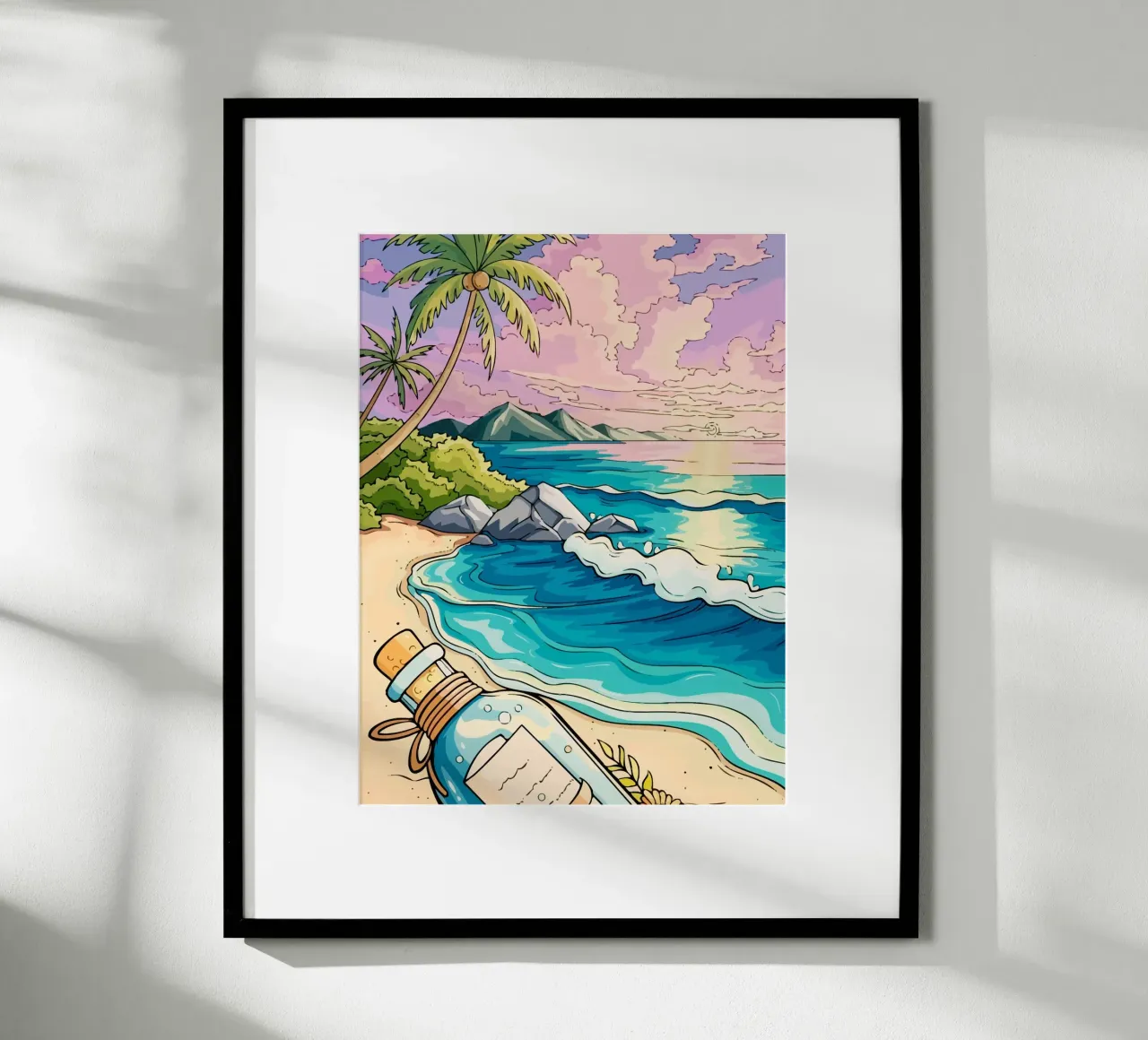 message in a bottle on the beach poster con telaio in plastica da Dumery Art