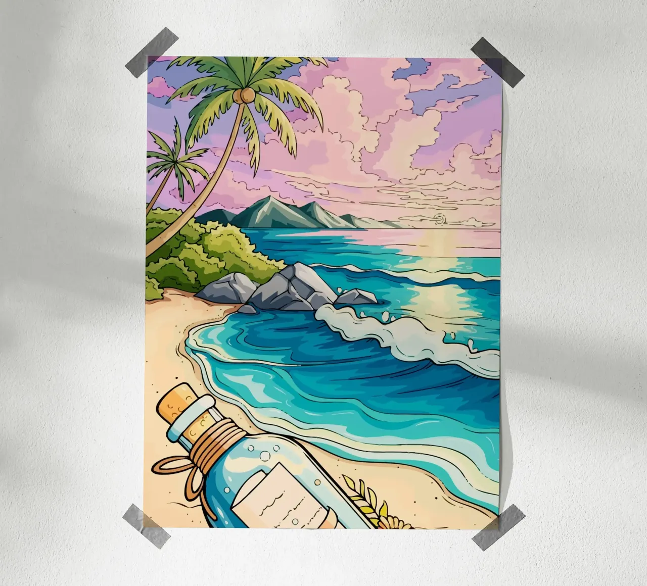 message in a bottle on the beach poster con telaio in plastica da Dumery Art