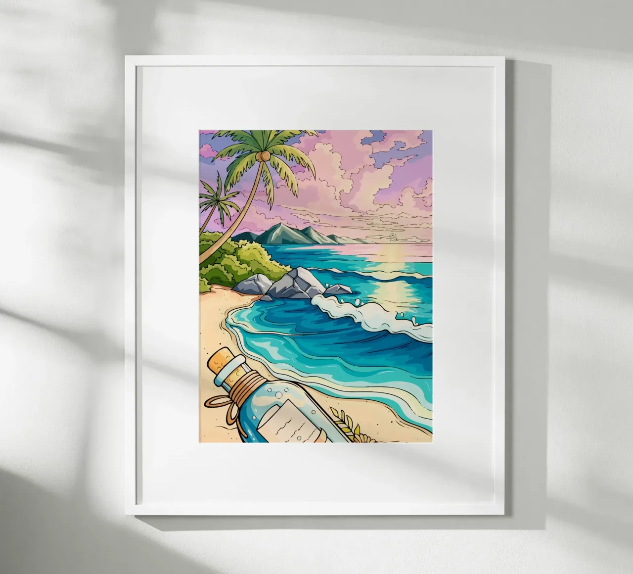 message in a bottle on the beach poster con telaio in plastica da Dumery Art