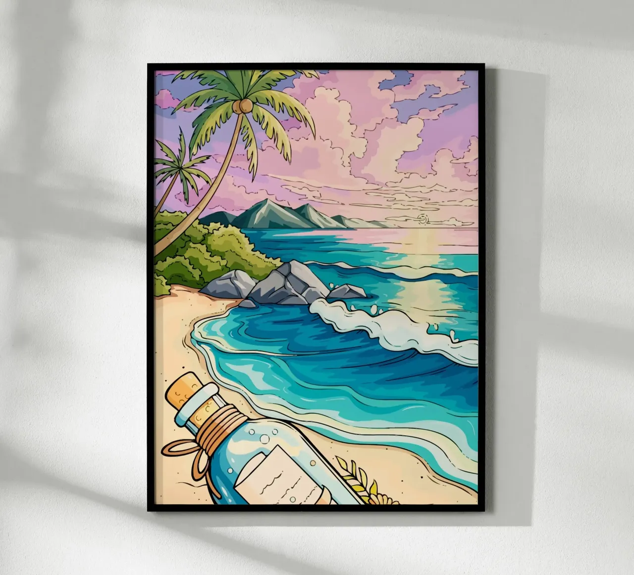 message in a bottle on the beach poster con telaio in plastica da Dumery Art