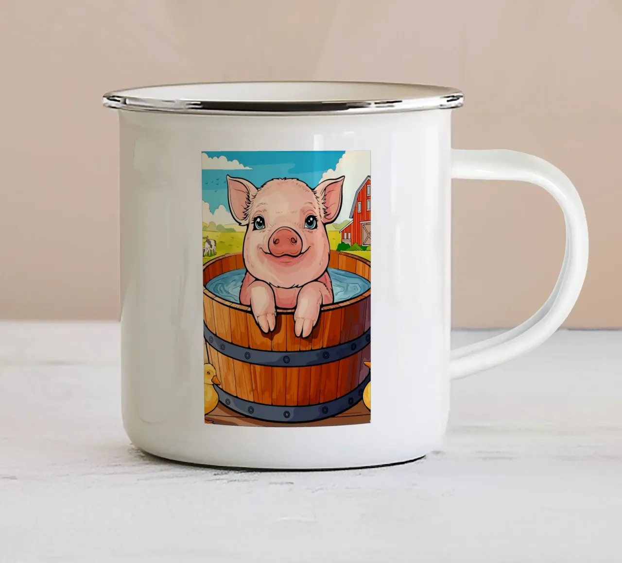 baby pig taking a bath tazza in smalto da Dumery Art