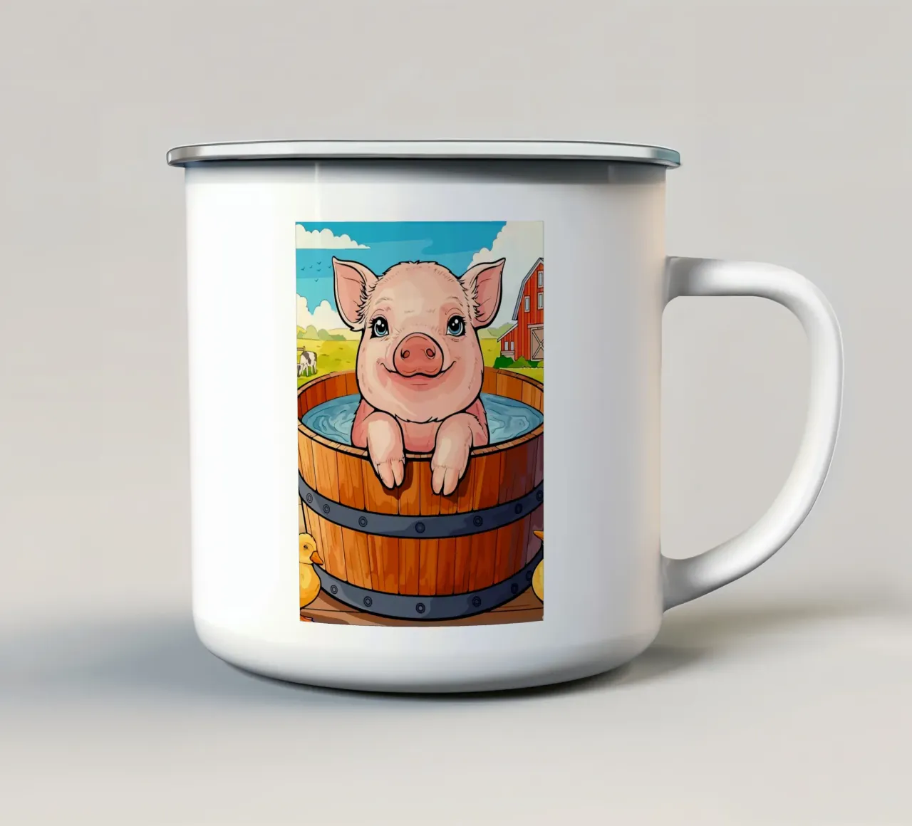 baby pig taking a bath tazza in smalto da Dumery Art