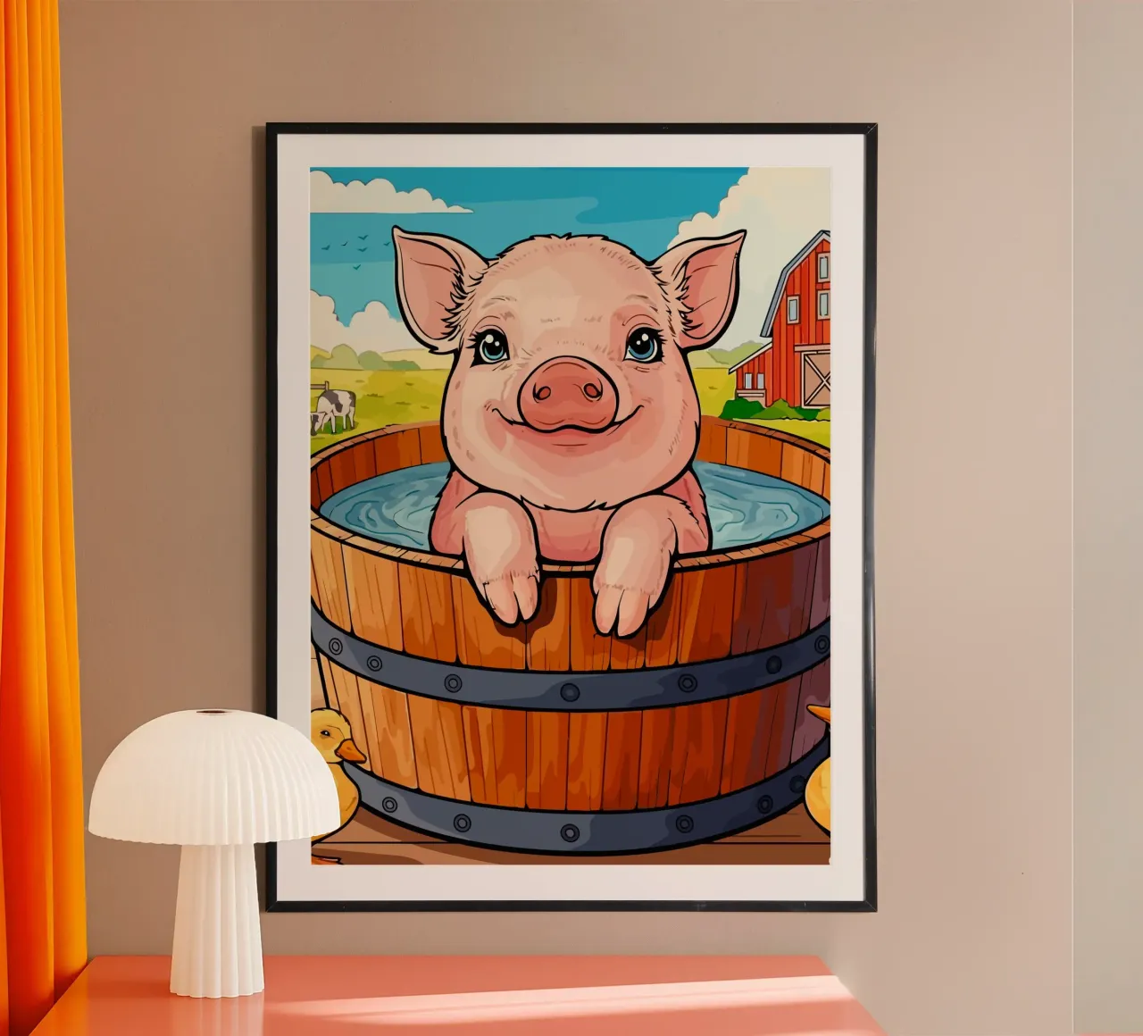 baby pig taking a bath poster con telaio in plastica da Dumery Art