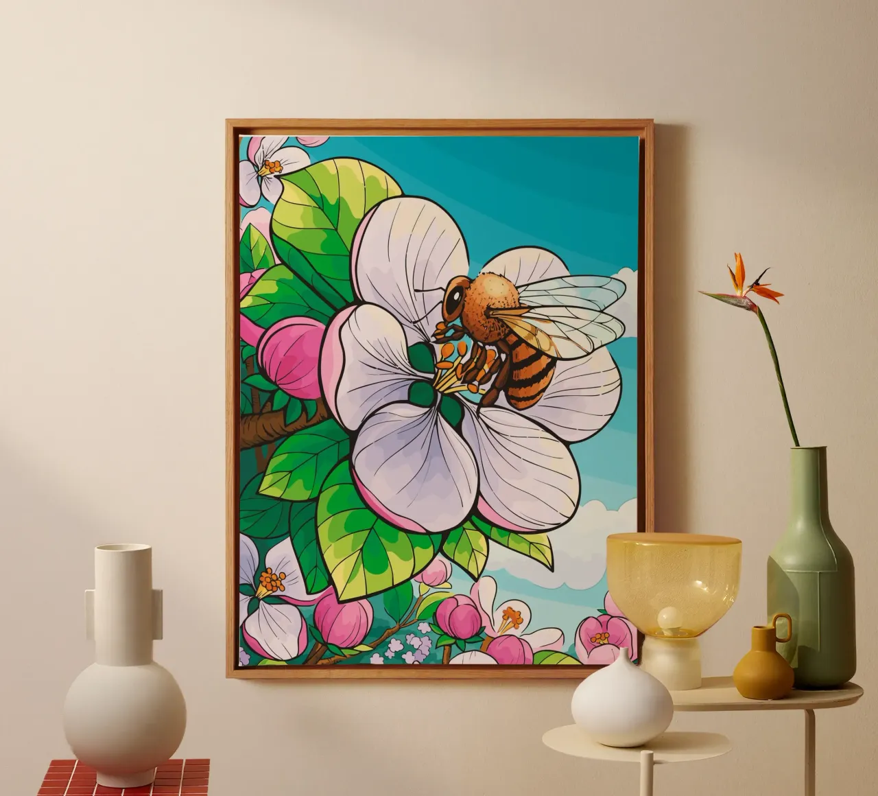 bees perched on flowers canvas with Floater frame by Dumery Art