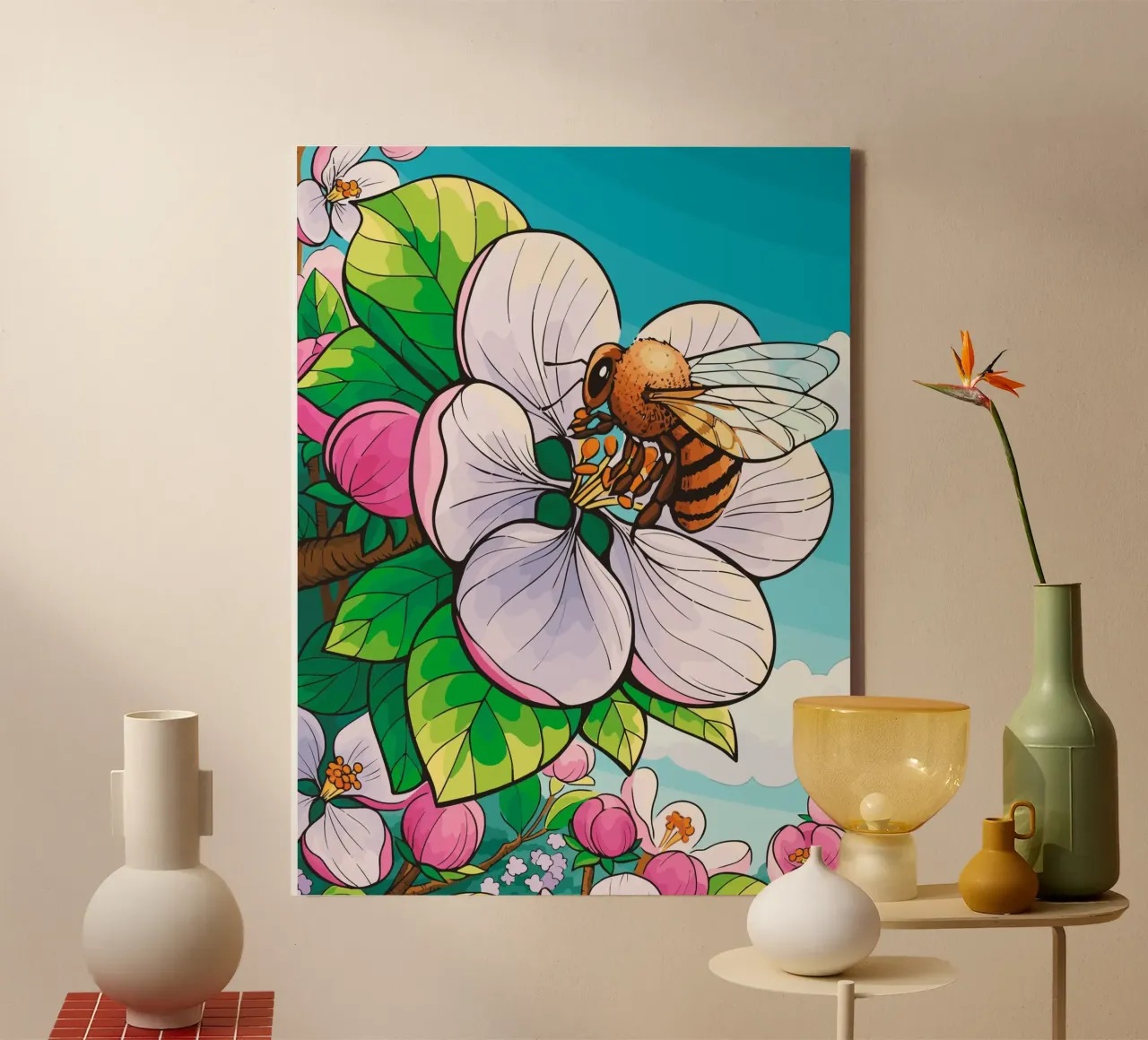 bees perched on flowers canvas with Floater frame by Dumery Art