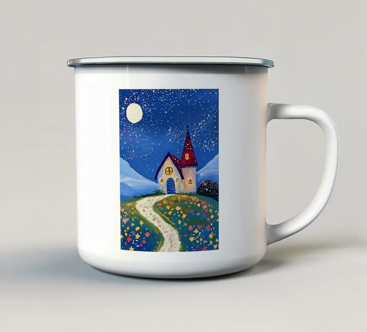 house under the full moon tazza in smalto da Dumery Art