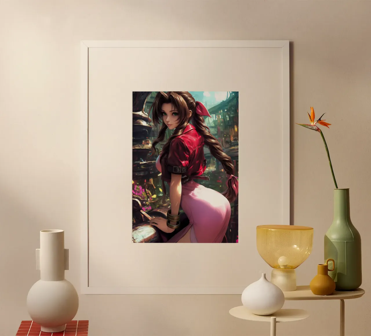 Aerith in Midgar Final Fantasy FFVII FF7 Poster mit Holzrahmen von Stellar Creative