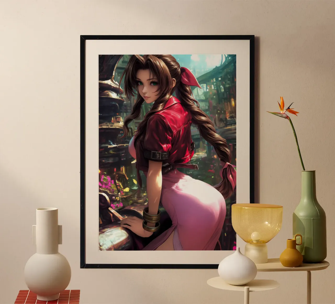 Aerith in Midgar Final Fantasy FFVII FF7 Poster mit Holzrahmen von Stellar Creative