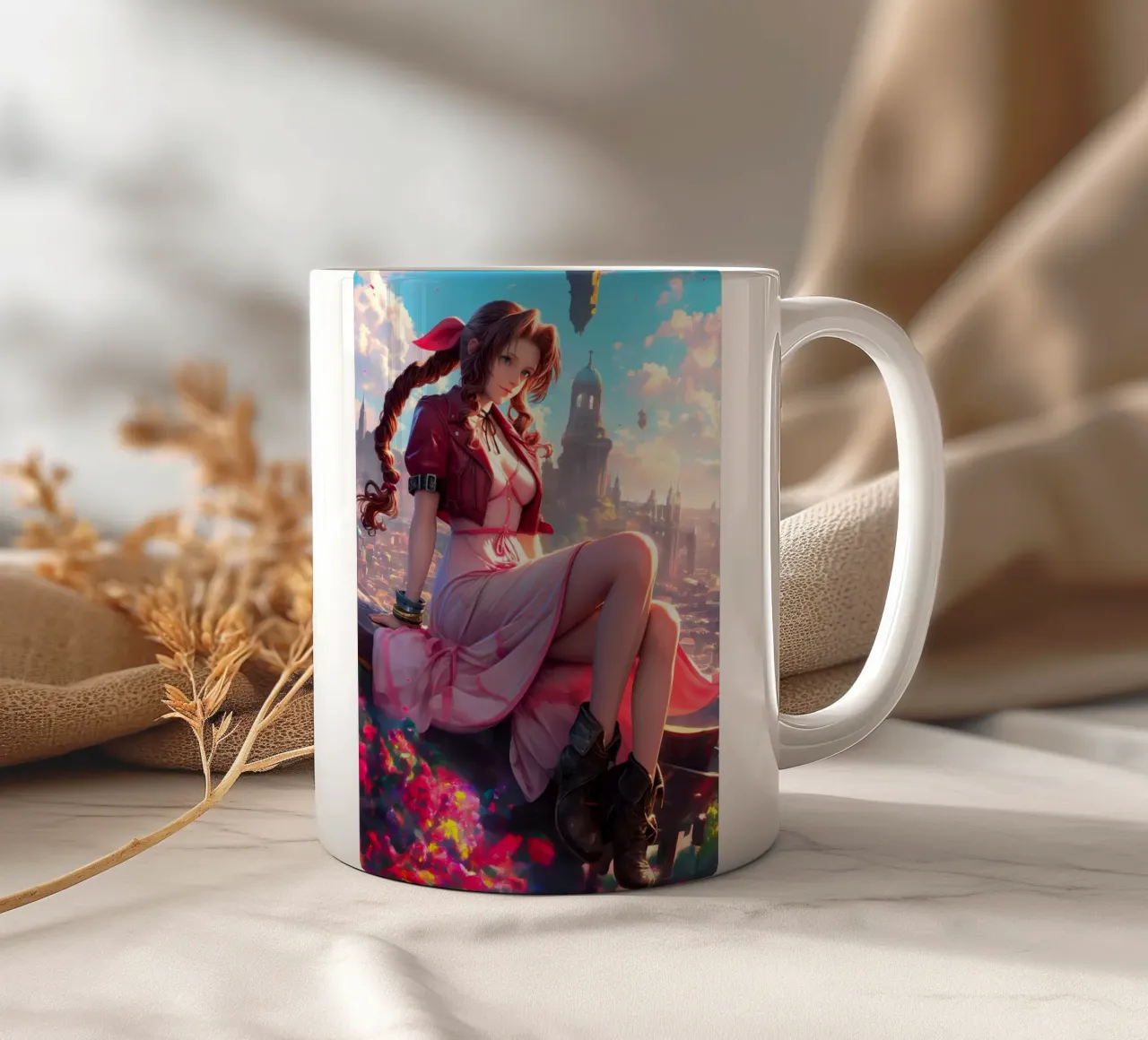 Aerith met uitzicht op Midgar Final Fantasy FFVII FF7 keramische mok van Stellar Creative