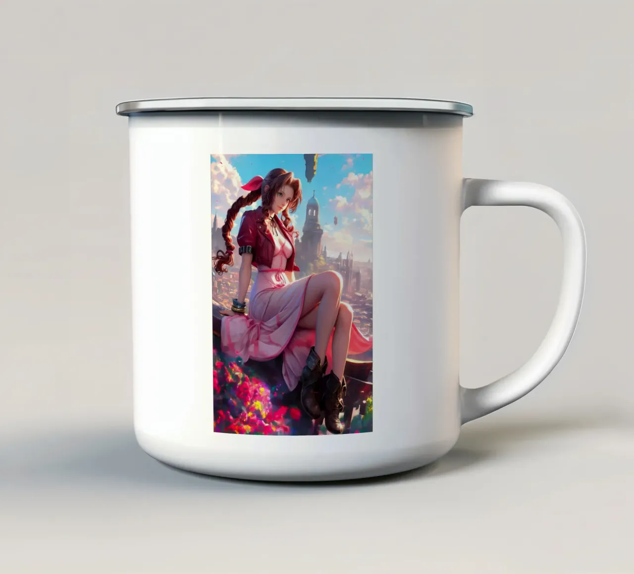 Aerith met uitzicht op Midgar Final Fantasy FFVII FF7 emaille mok van Stellar Creative