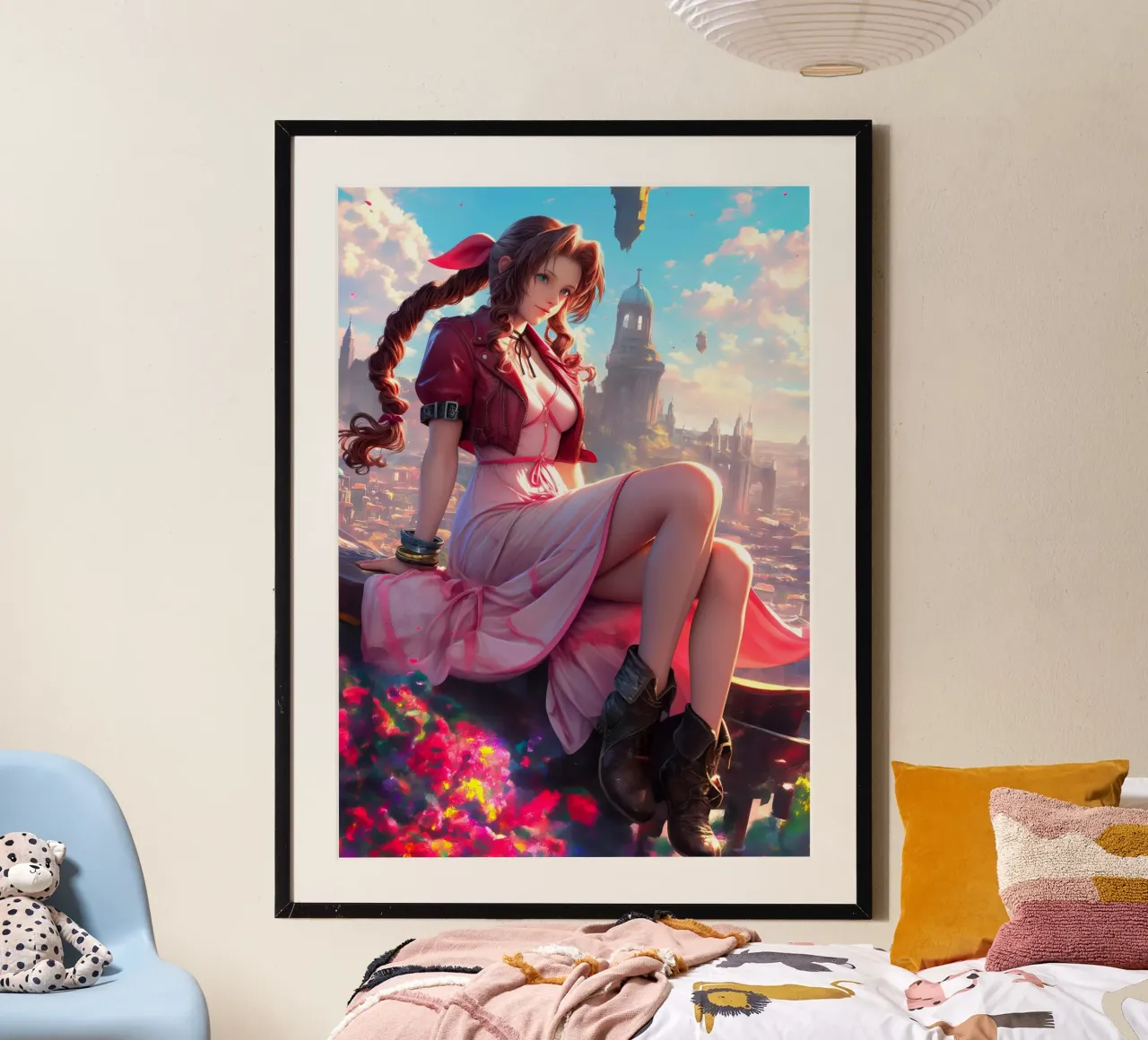 Aerith che si affaccia su Midgar Final Fantasy FFVII FF7 poster con telaio in legno da Stellar Creative