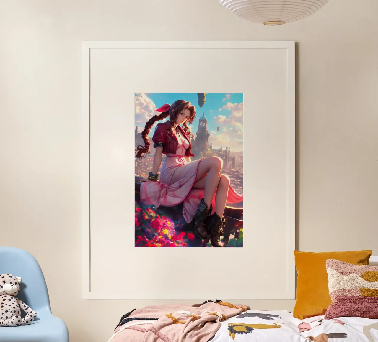 Aerith che si affaccia su Midgar Final Fantasy FFVII FF7 poster da Stellar Creative