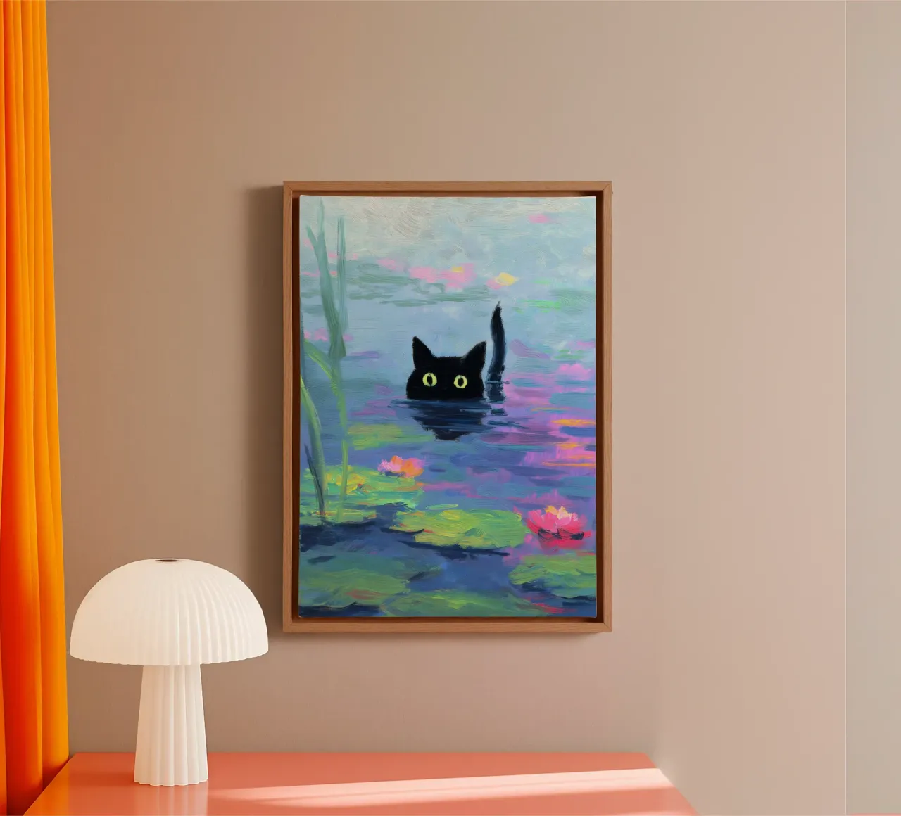 Zwarte kat zwemt in lelievijver canvas met Baklijst van Stellar Creative