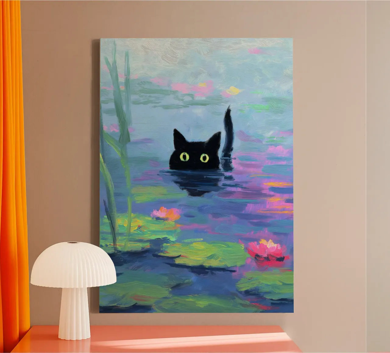 Zwarte kat zwemt in lelievijver canvas met Baklijst van Stellar Creative