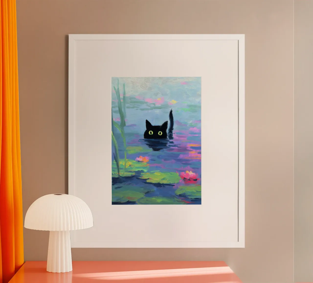 Gatto nero che nuota nello stagno delle ninfee poster da Stellar Creative