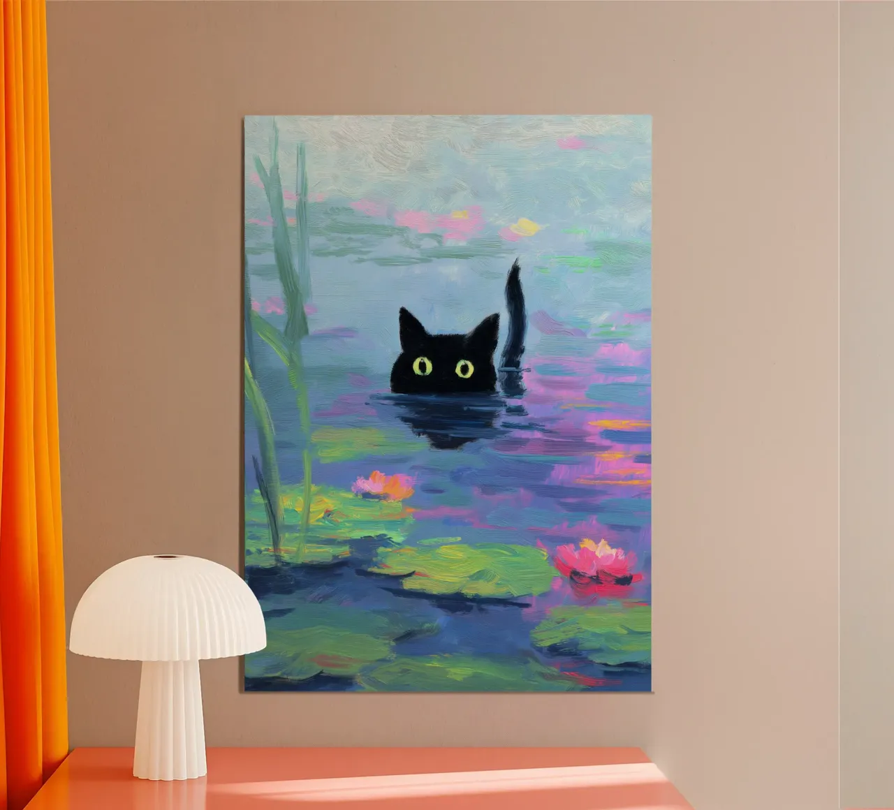 Gatto nero che nuota nello stagno delle ninfee poster da Stellar Creative