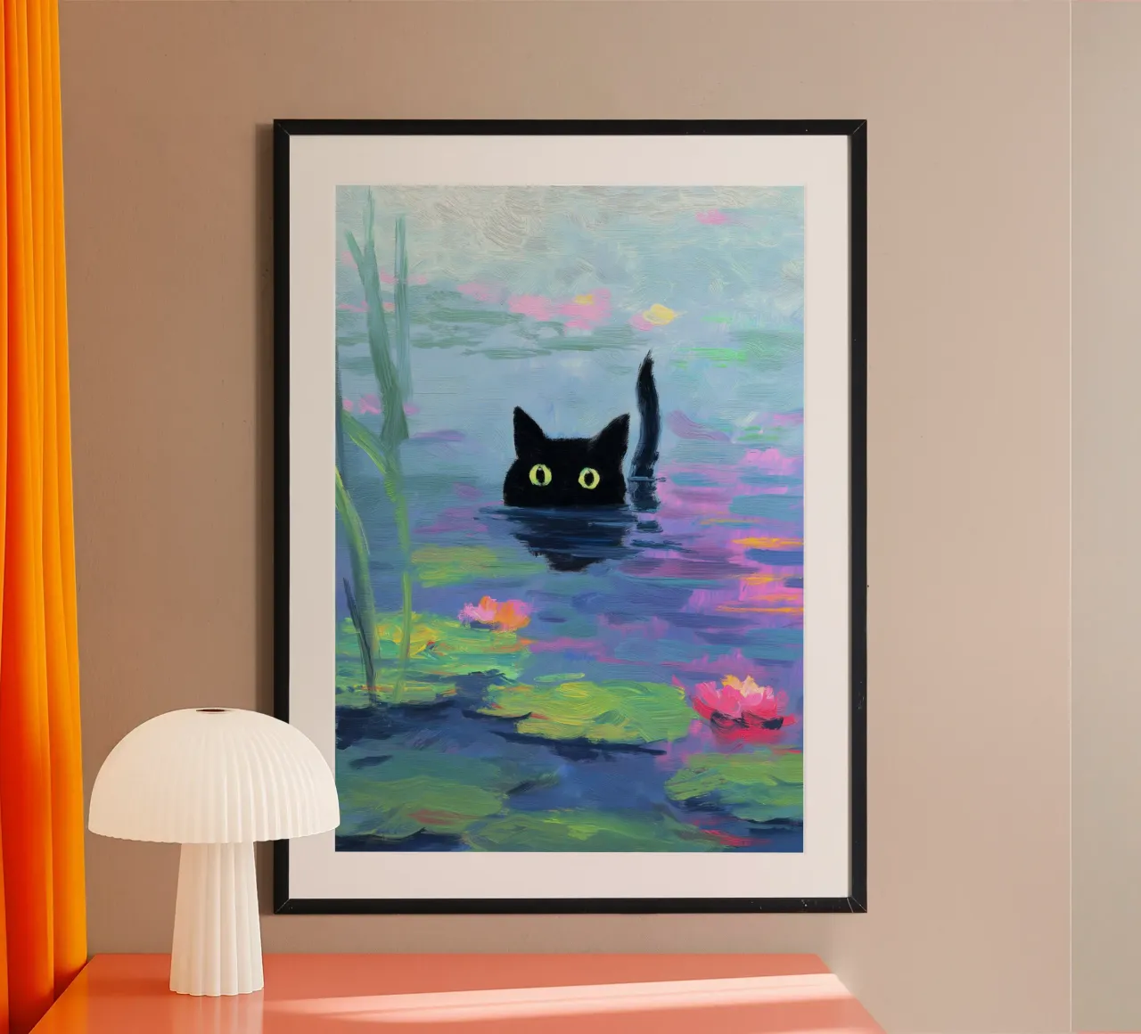 Gatto nero che nuota nello stagno delle ninfee poster da Stellar Creative