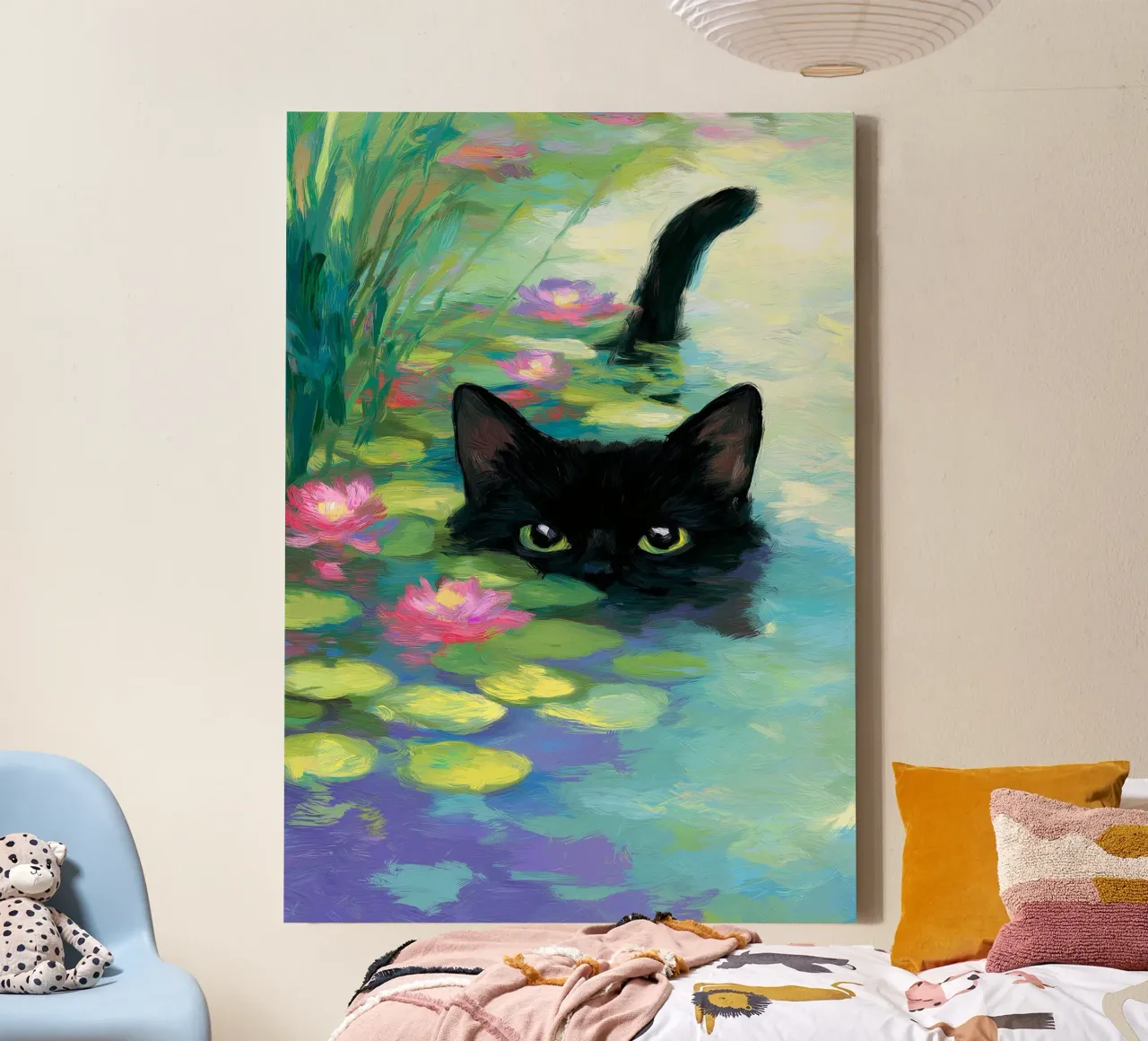 Gatto nero che nuota tela con Cornice a cassetta da Stellar Creative