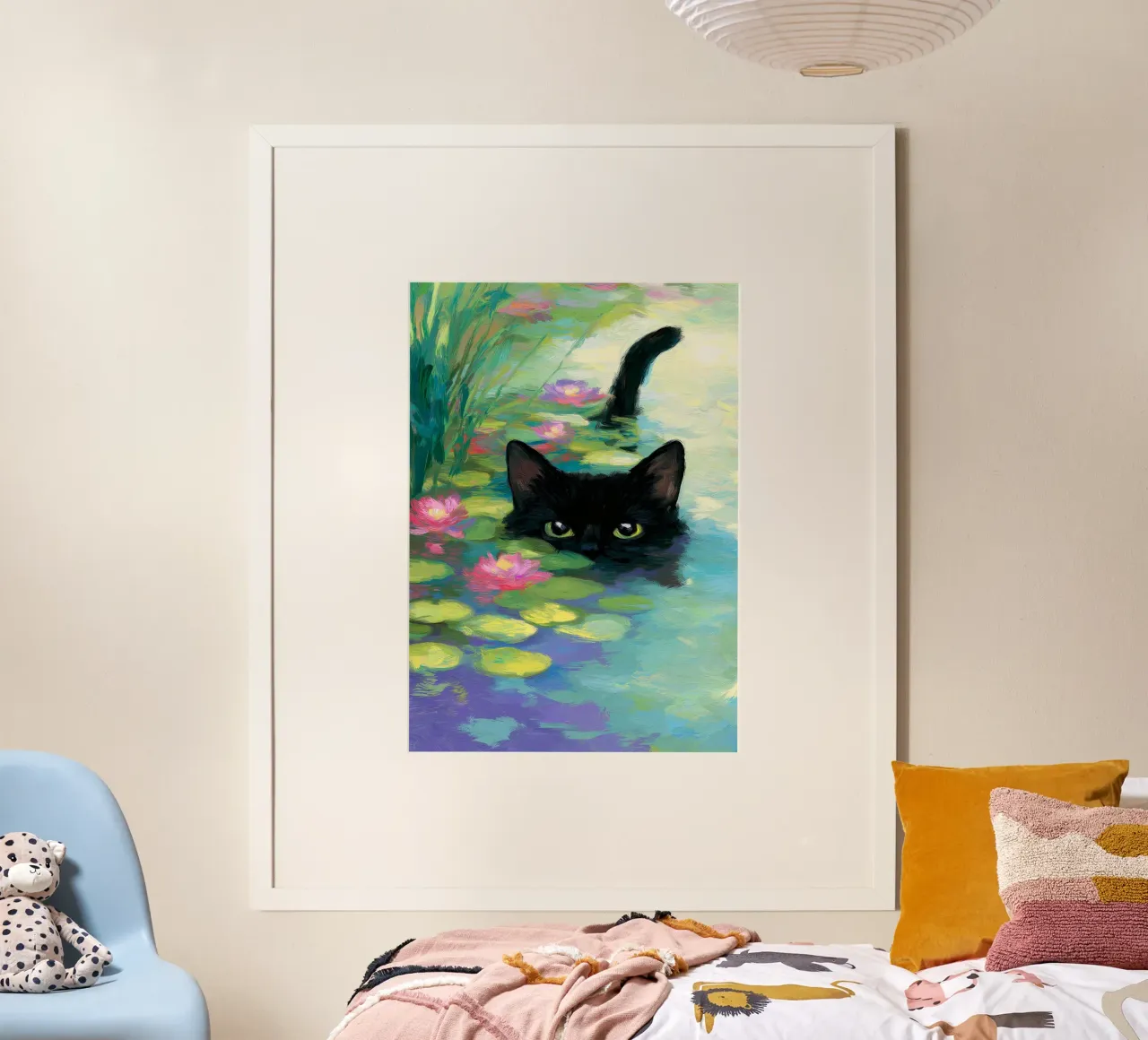 Gatto nero che nuota poster con telaio in alluminio da Stellar Creative