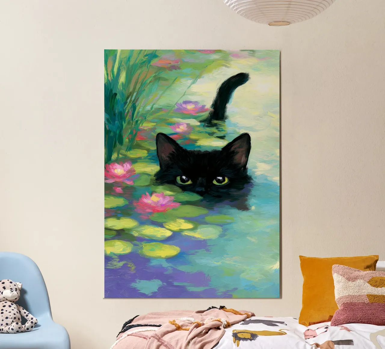 Gatto nero che nuota poster con telaio in alluminio da Stellar Creative