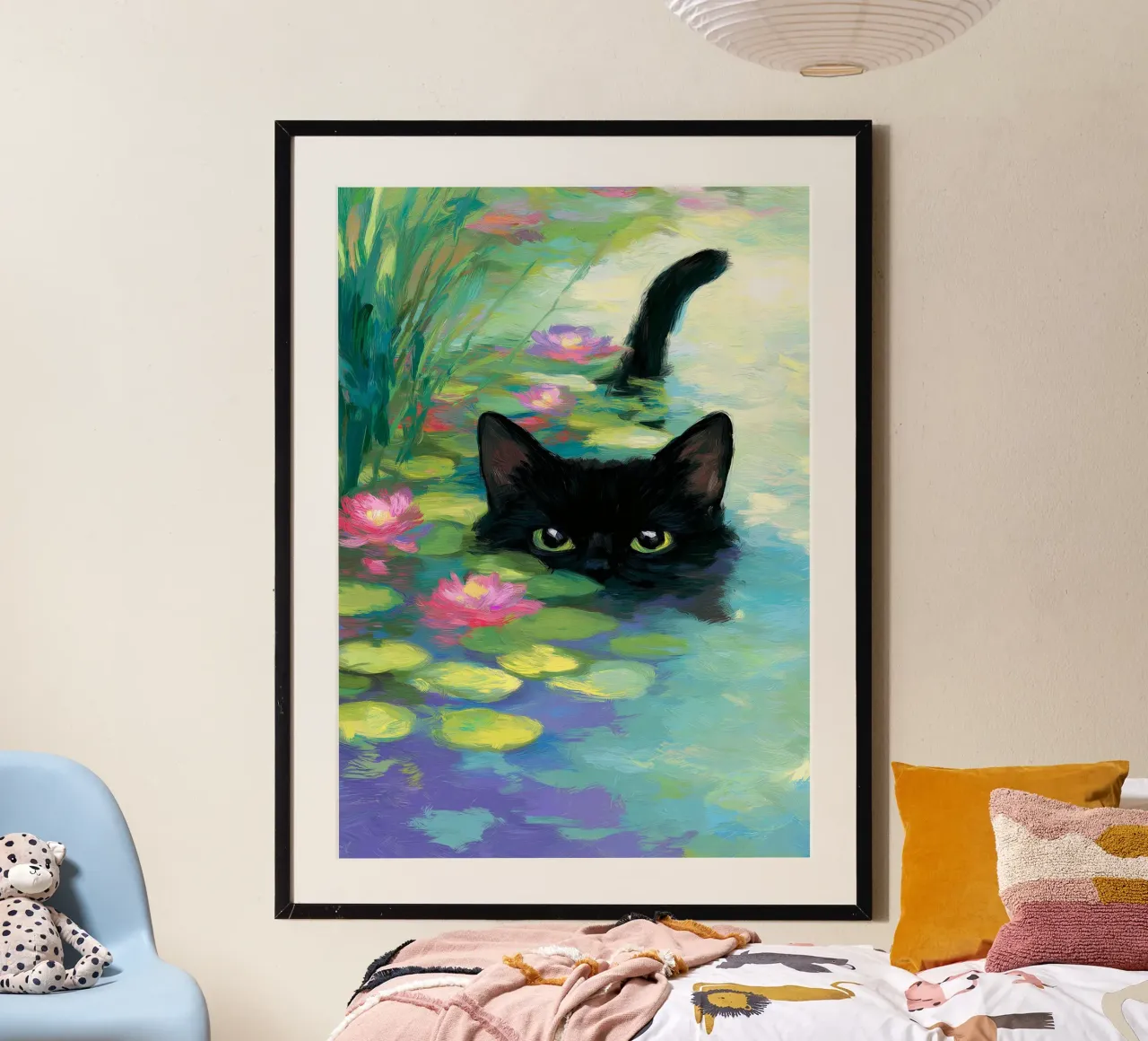 Gatto nero che nuota poster con telaio in alluminio da Stellar Creative