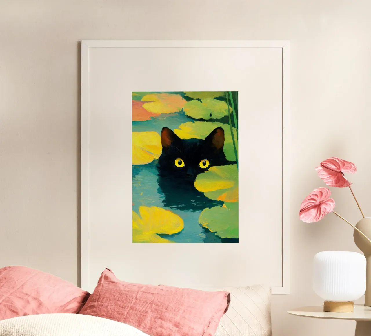 Chat noir nageant dans l'eau poster de Stellar Creative