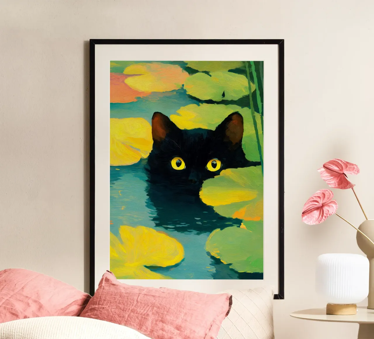 Chat noir nageant dans l'eau poster de Stellar Creative