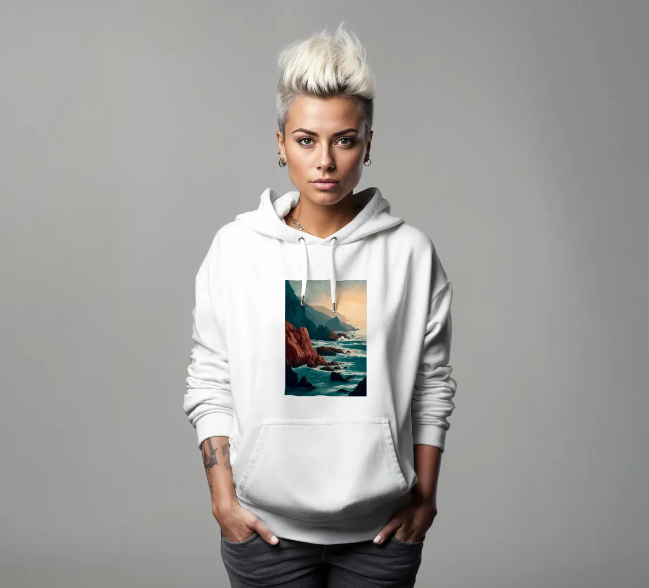 Coastal Landscape Print - Ocean Cliffs and Sunset Horizon felpa con cappuccio da Dune