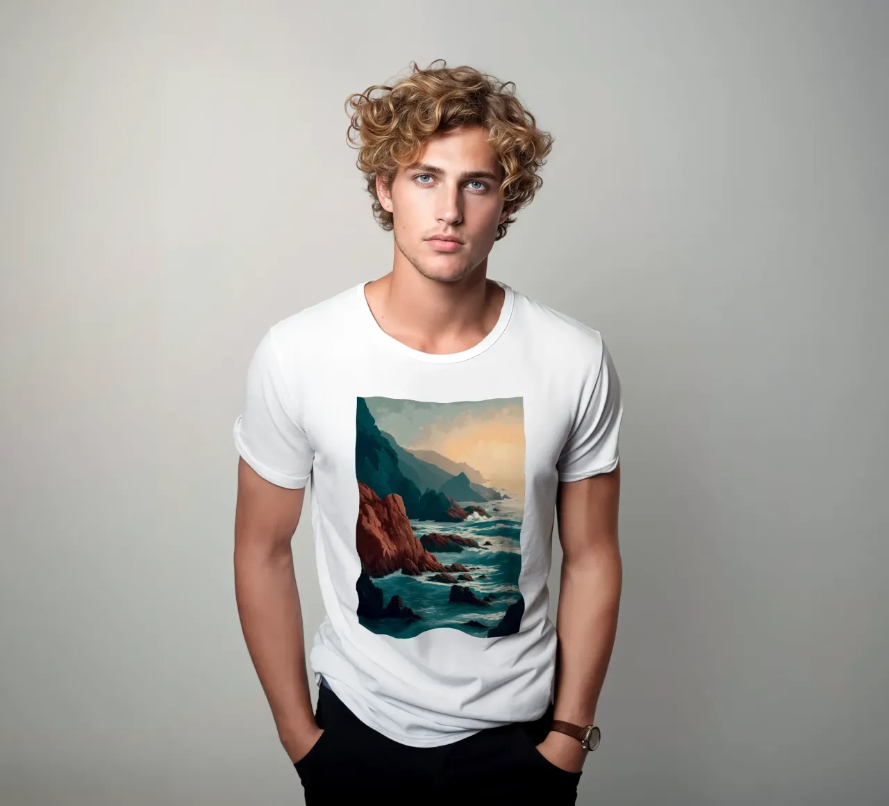 Coastal Landscape Print - Ocean Cliffs and Sunset Horizon t-shirt da Dune