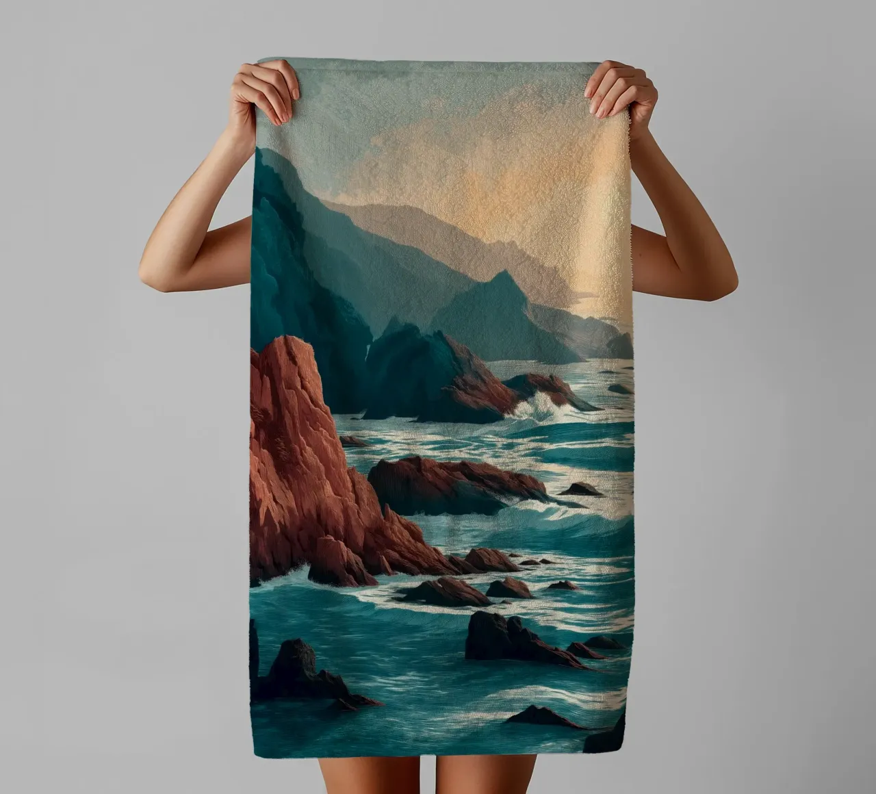 Coastal Landscape Print - Ocean Cliffs and Sunset Horizon towel by Dune