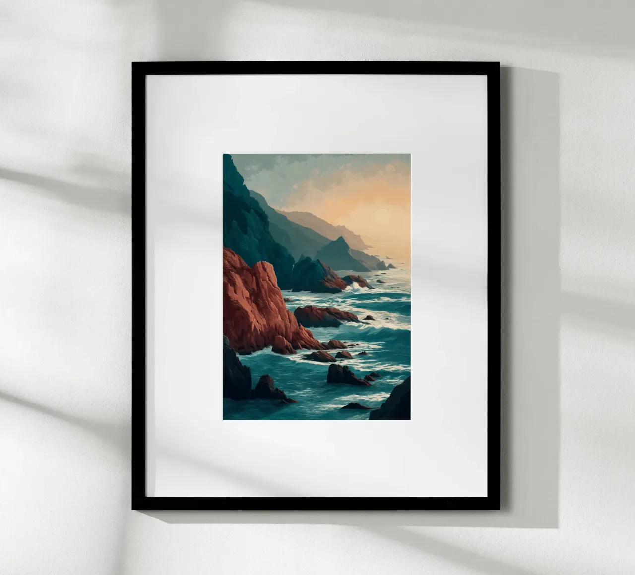 Coastal Landscape Print - Ocean Cliffs and Sunset Horizon Poster mit Holzrahmen von Dune