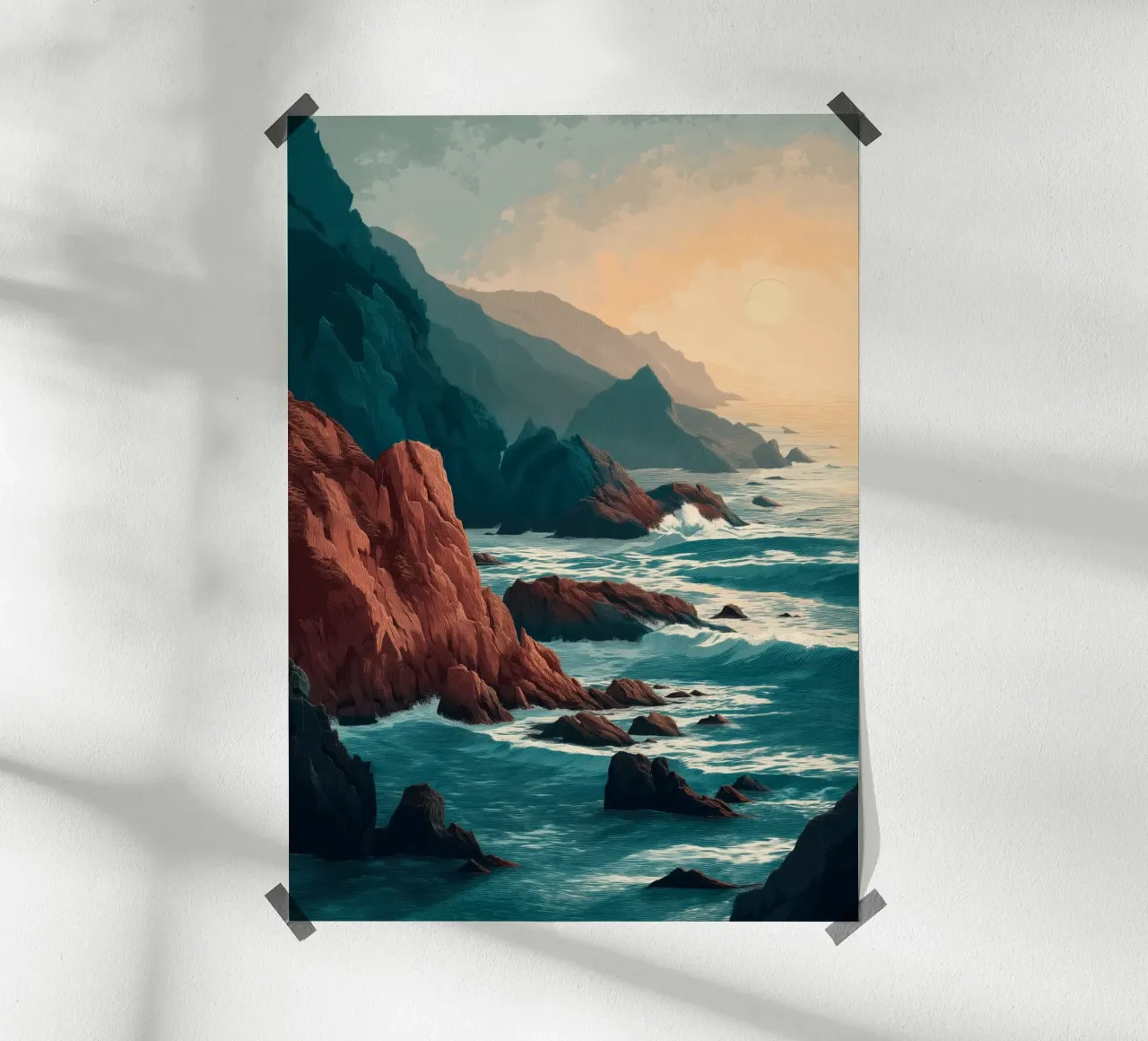 Coastal Landscape Print - Ocean Cliffs and Sunset Horizon Poster mit Holzrahmen von Dune