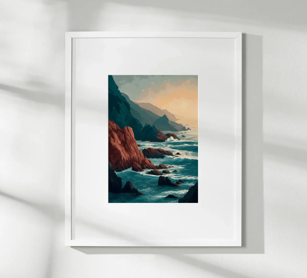 Coastal Landscape Print - Ocean Cliffs and Sunset Horizon Poster mit Holzrahmen von Dune