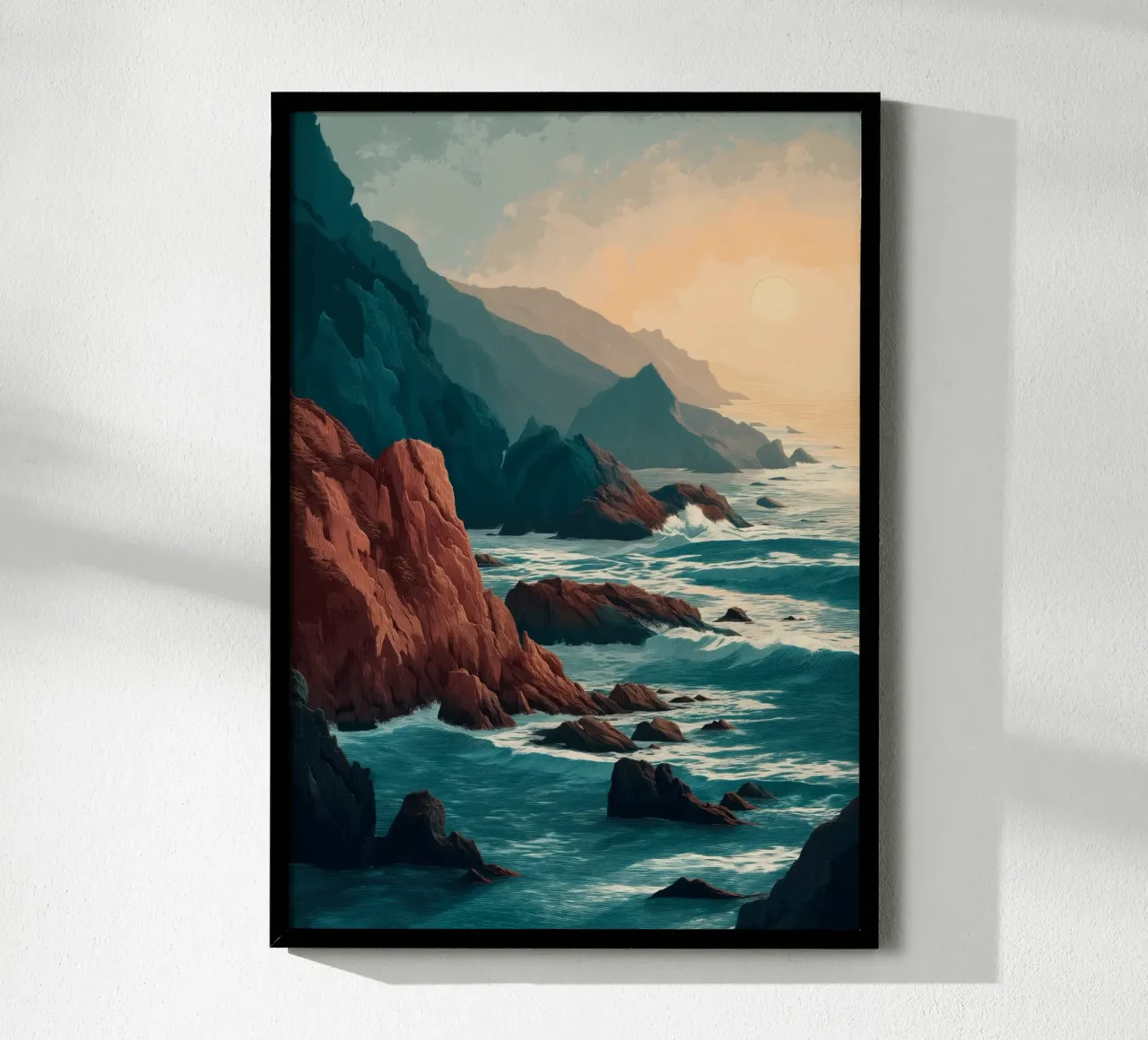 Coastal Landscape Print - Ocean Cliffs and Sunset Horizon Poster mit Holzrahmen von Dune