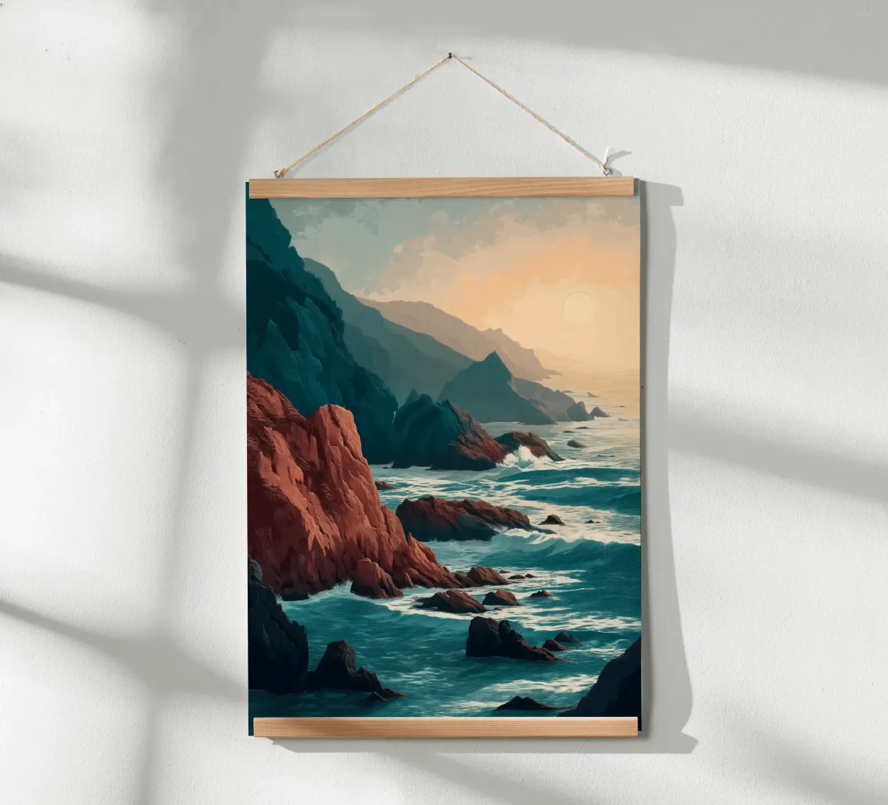 Coastal Landscape Print - Ocean Cliffs and Sunset Horizon Poster mit Holzrahmen von Dune